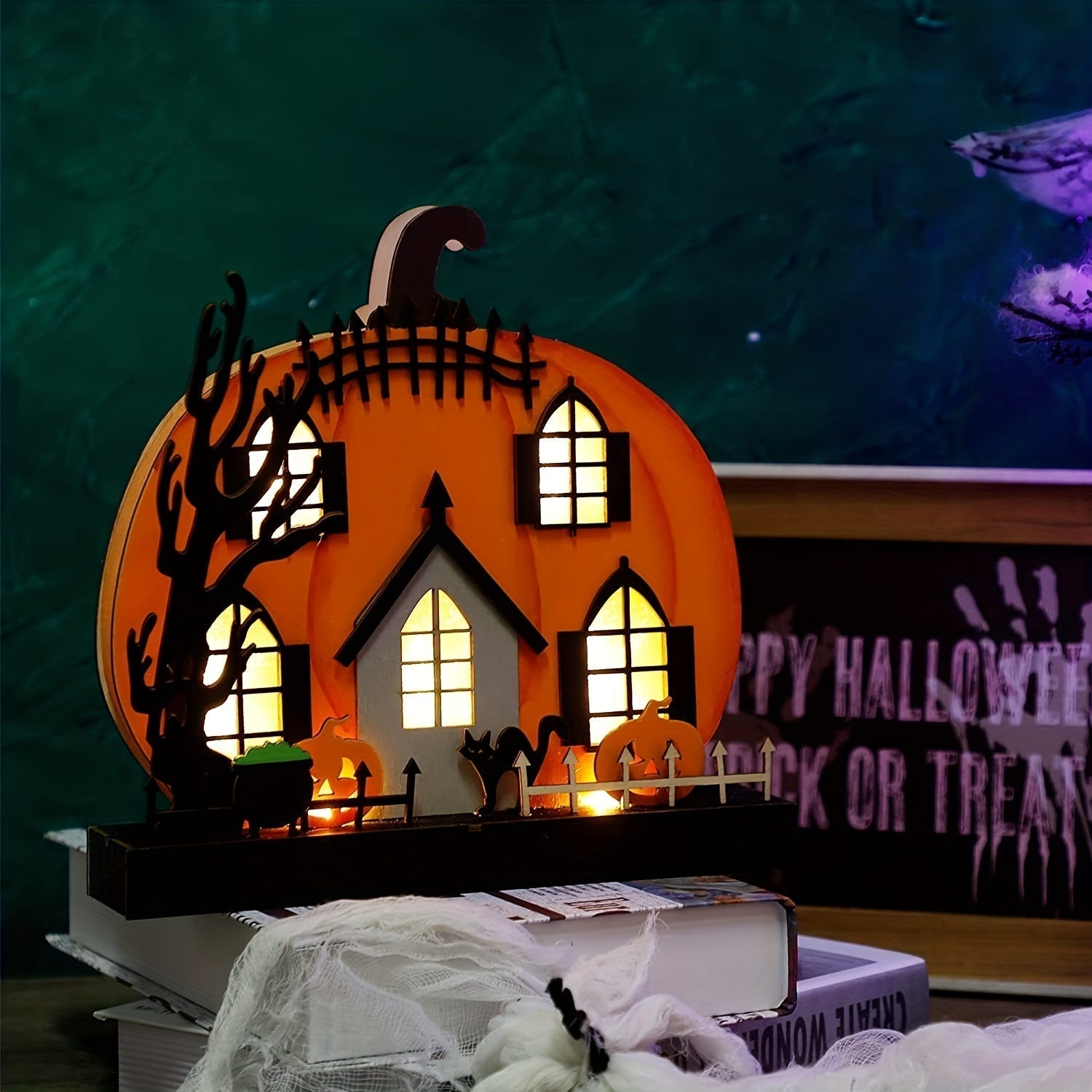 Wooden Lighted Pumpkin House Halloween Tabletop Decoration