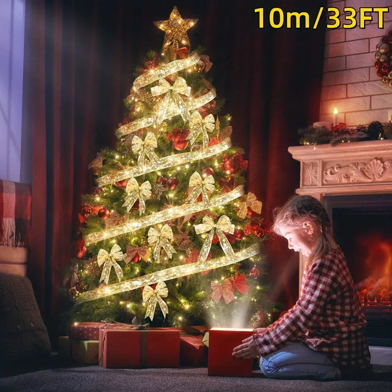 Christmas Ribbon Fairy Lights - Golden Garland