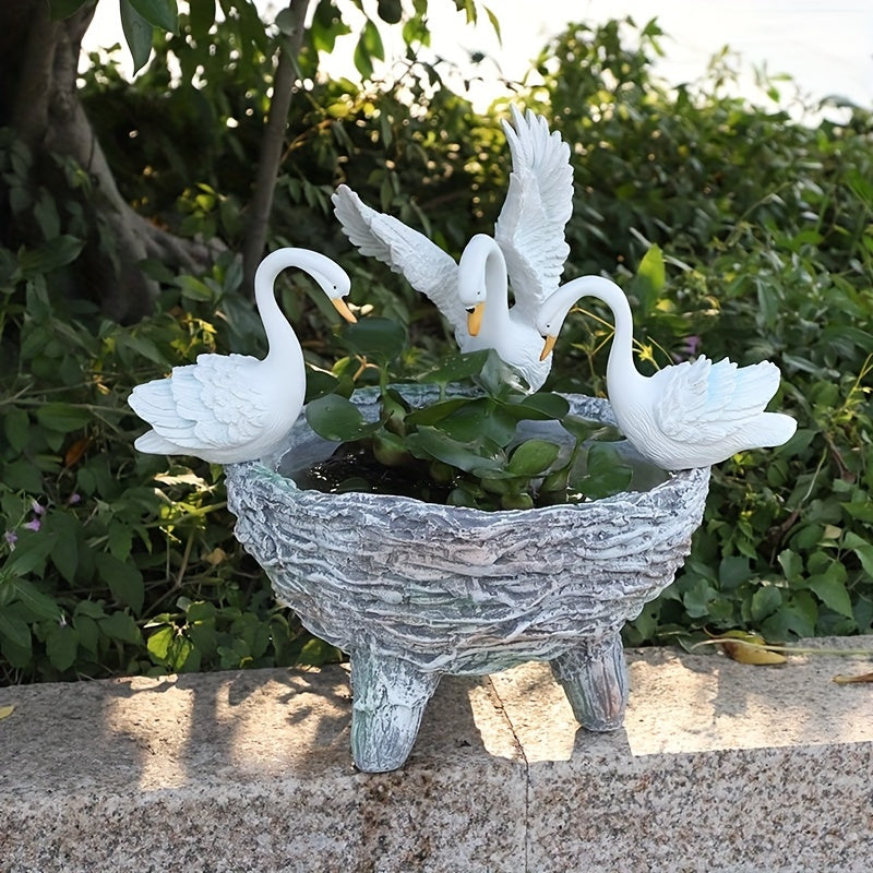 Swan Resin Flower Pot with Rattan Accent