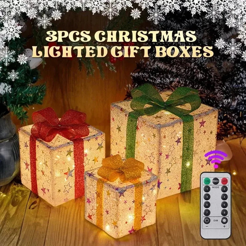 3Pcs Christmas Gift Boxes With Luminous Bows