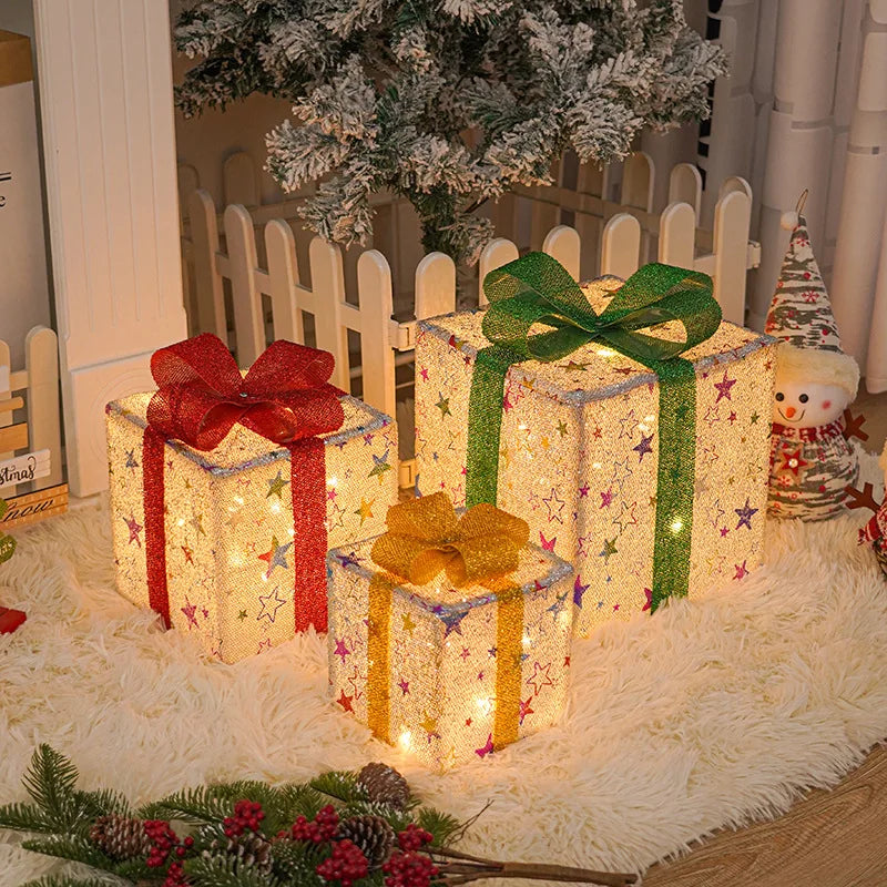 3Pcs Christmas Gift Boxes With Luminous Bows