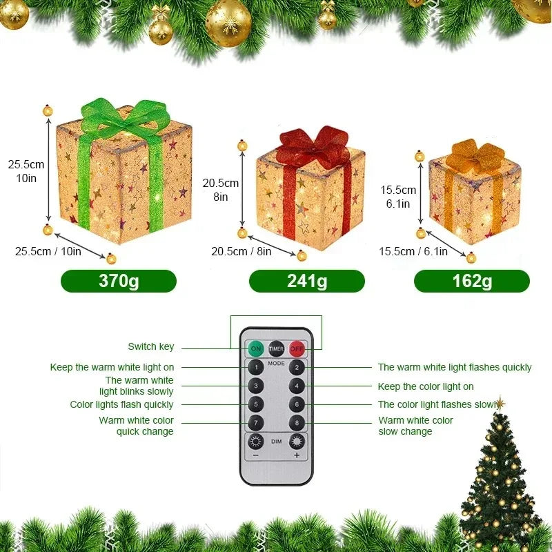 3Pcs Christmas Gift Boxes With Luminous Bows