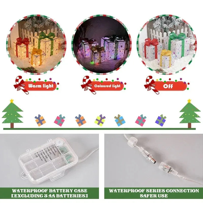 3Pcs Christmas Gift Boxes With Luminous Bows