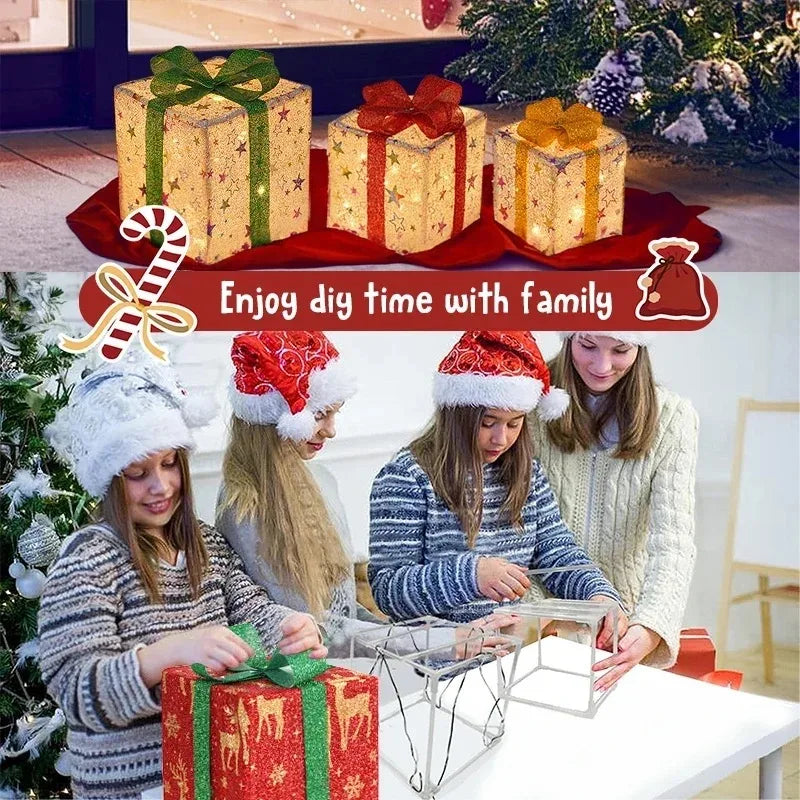 3Pcs Christmas Gift Boxes With Luminous Bows