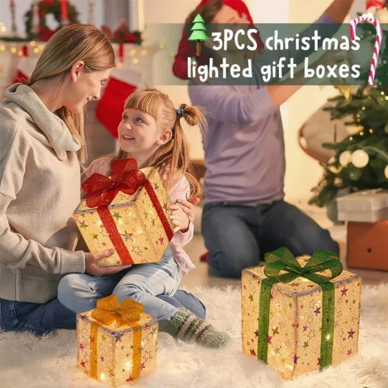 3Pcs Christmas Gift Boxes With Luminous Bows
