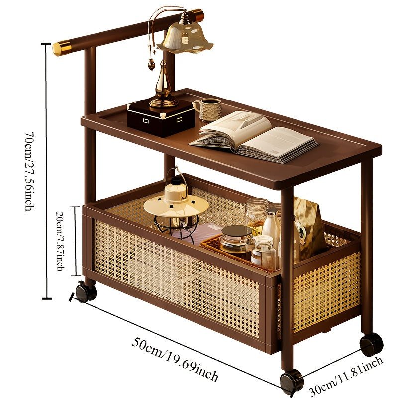 Golden Mobile Side Table with Wheels and Storage