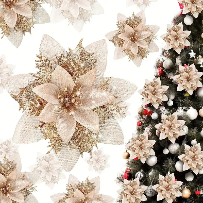 12pcs Glitter Christmas Tree Poinsettias - Festive Decorations with Clips and Stems