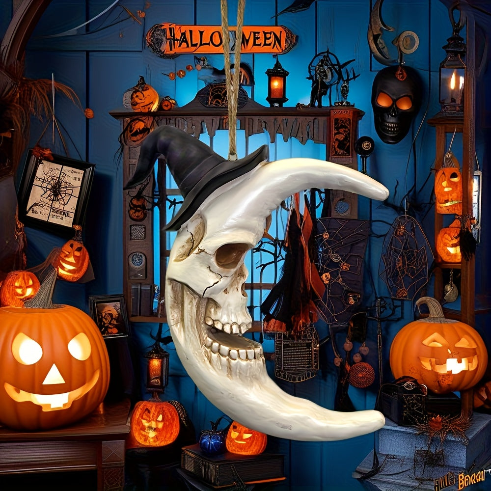Skull Moon Hanging Halloween Decoration with Witch Hat