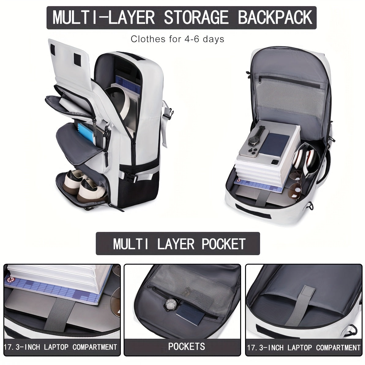 Large Capacity Travel Backpack with Shoe Compartment