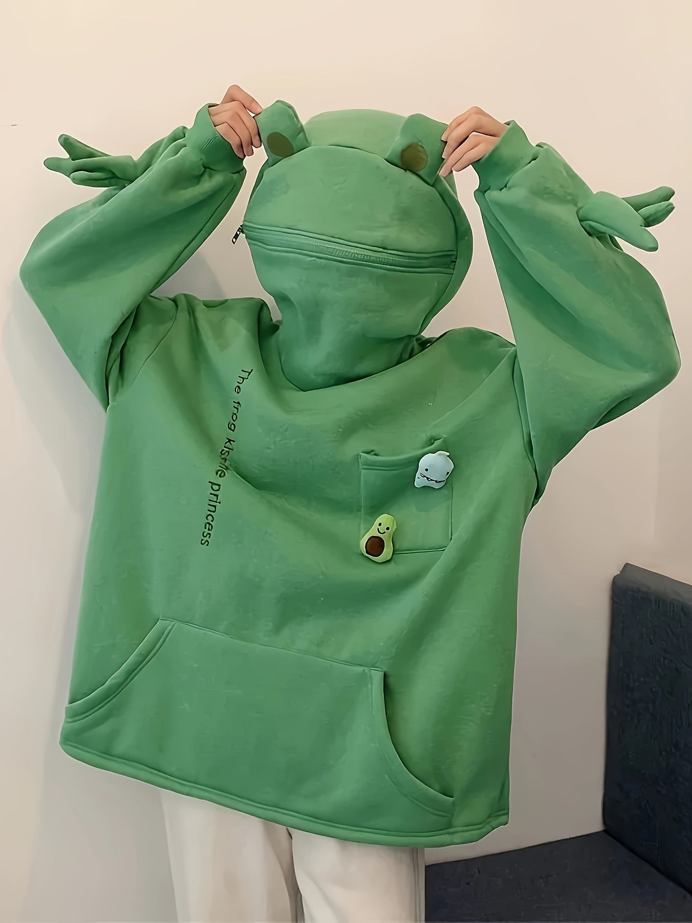 Cartoon Frog Fleece Zip-Up Hoodie
