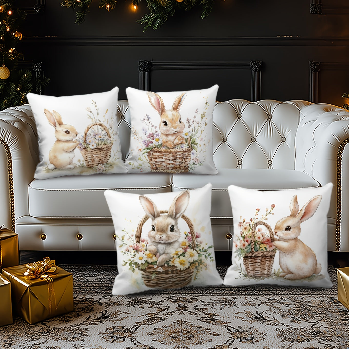 4pcs Multicolor Easter Bunny Floral Cushion Covers