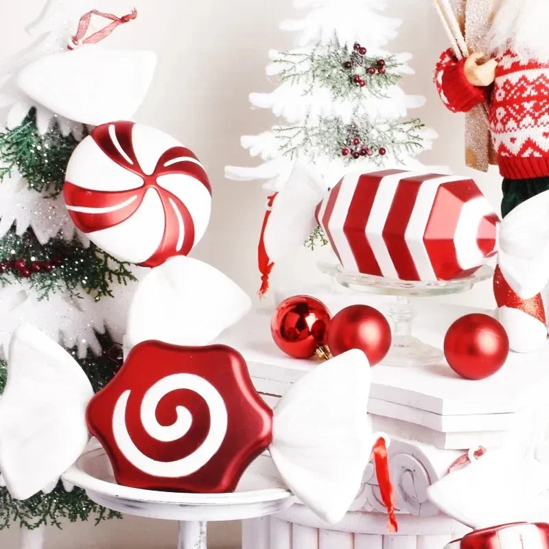4Pcs Large Red Candy Cane Christmas Ball Ornaments