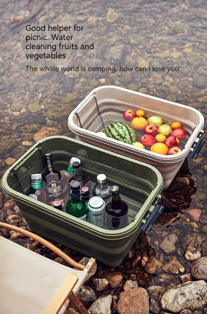 1 Set Outdoor Camping Folding Storage Box with Wooden Lid - Coffee Color