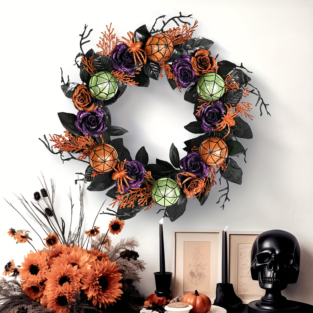 Halloween Wreath Roses and Spider Design