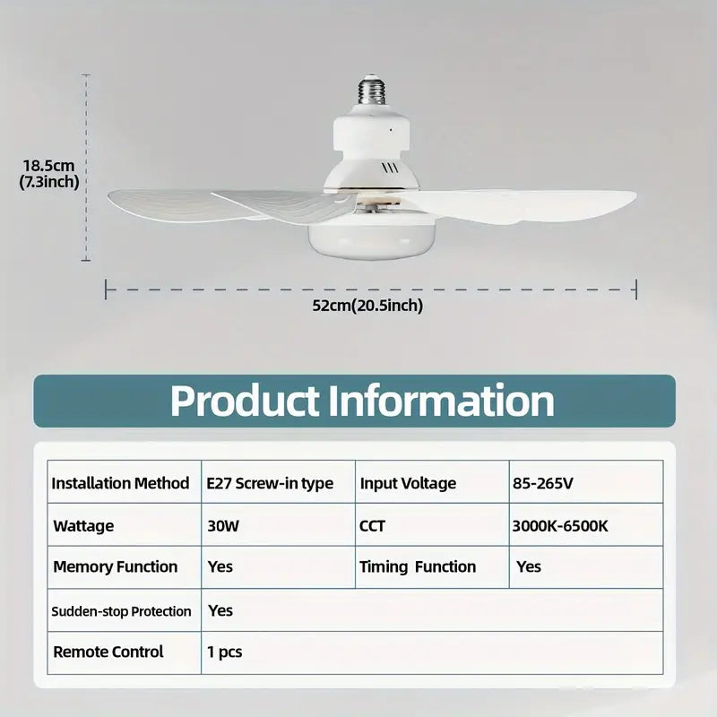 1pc Dimmable Socket Fan Ceiling with Remote Control - Traditional Style, White