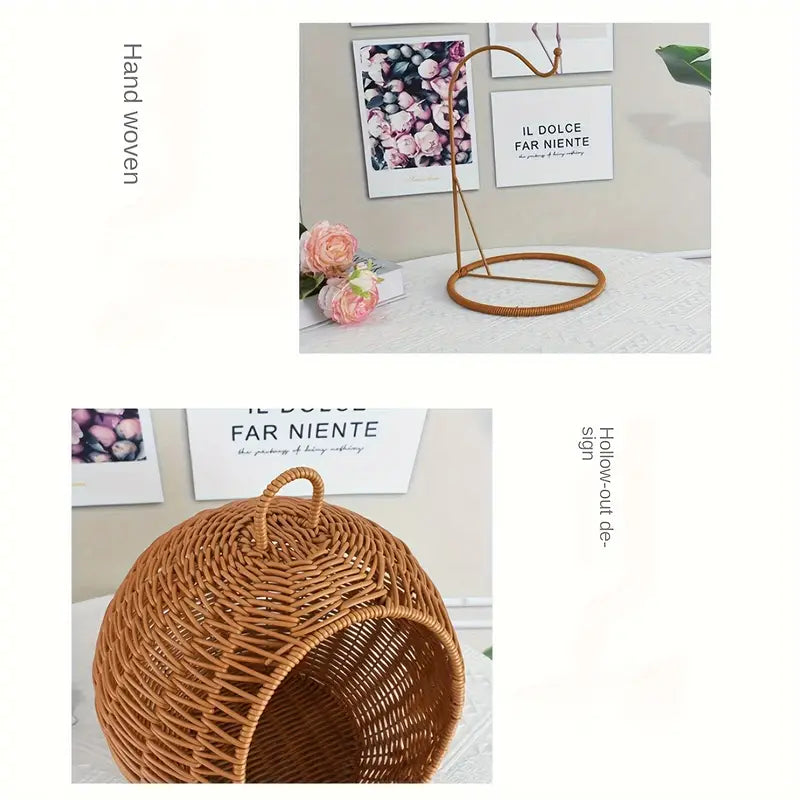 Imitation Rattan Cat Cage - Hanging Cat Nest with Semi-Enclosed Design