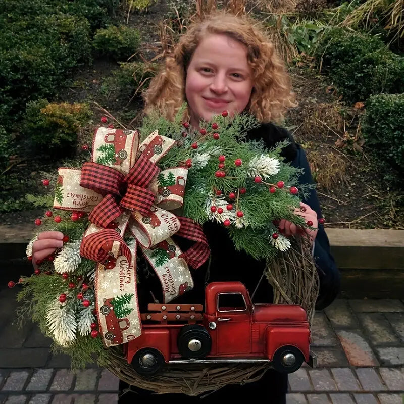 Charming 1pc Christmas Artificial Wreath Red Truck Decoration | Large Door Front Wreath