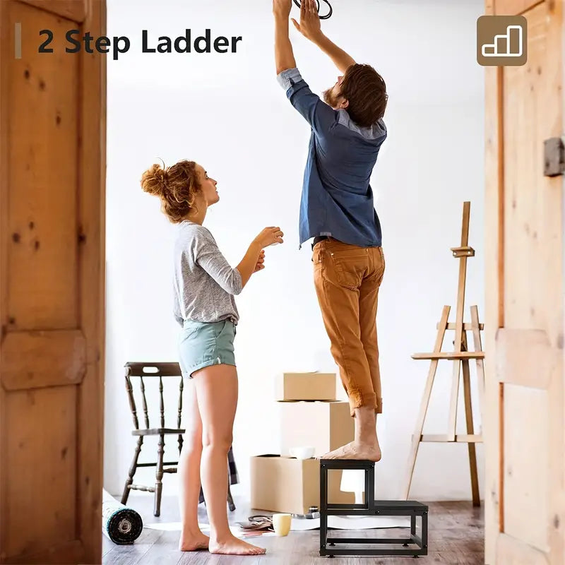 Heavy Duty 2-Step Steel and Wooden Step Stool - Grey