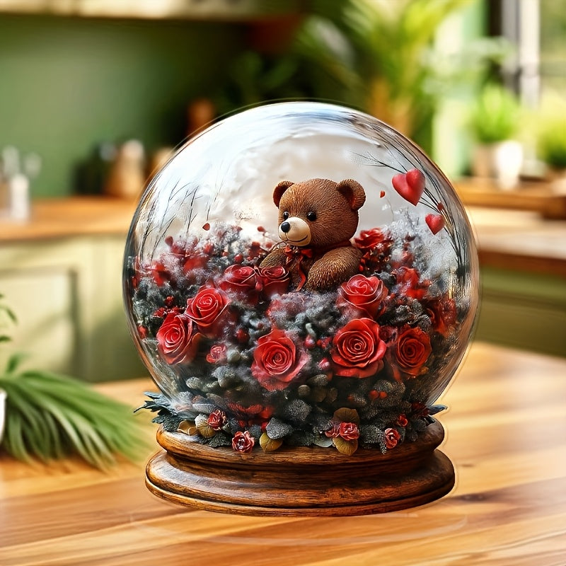 Acrylic Crystal Ball Ornament With Teddy Bear And Roses