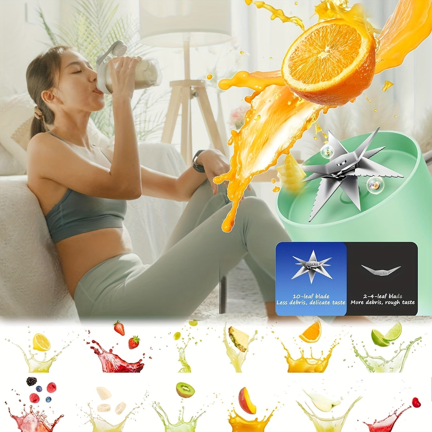 Portable Rechargeable Juicer Blender with 10 Stainless Steel Blades