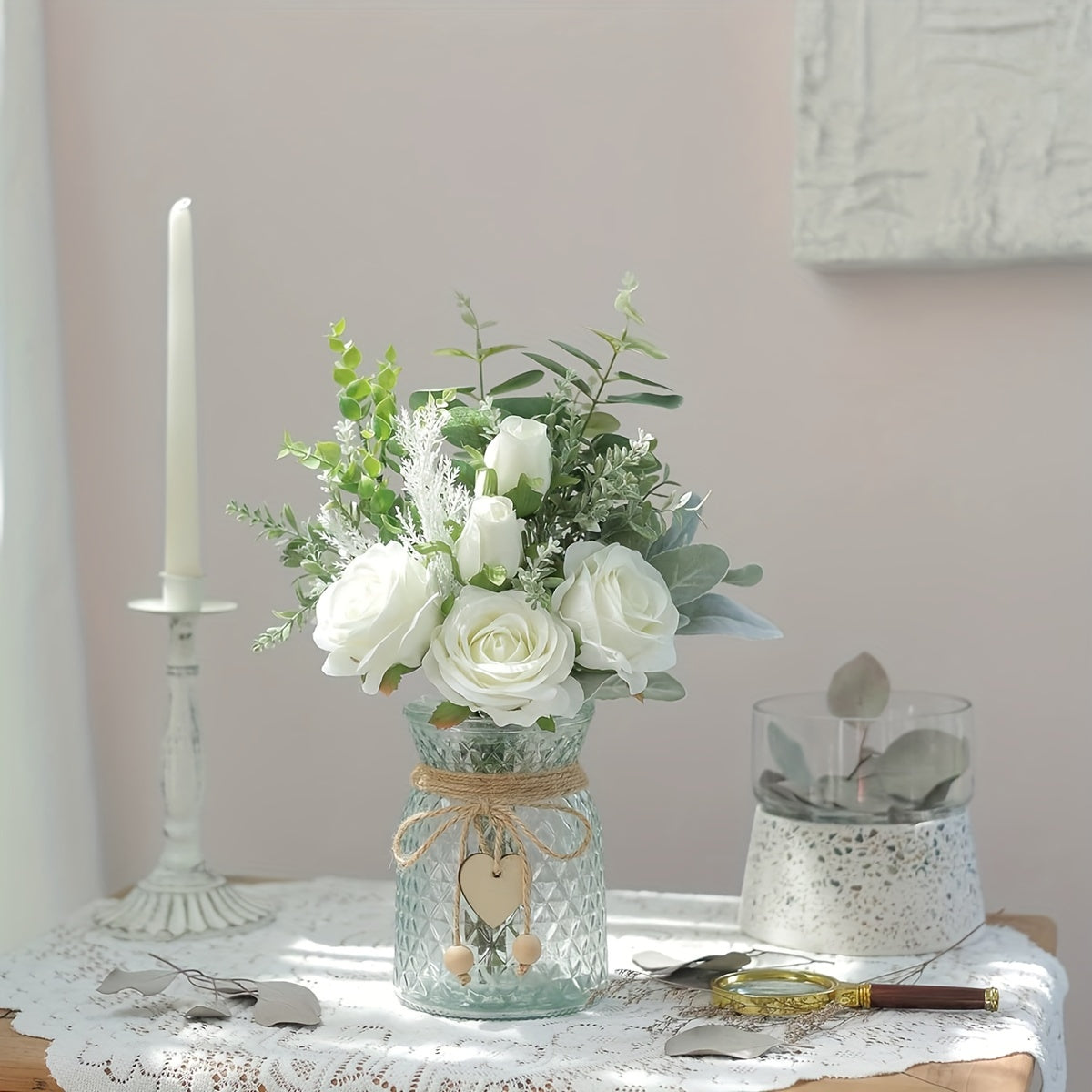 Artificial Fabric Roses & Eucalyptus Floral Arrangement