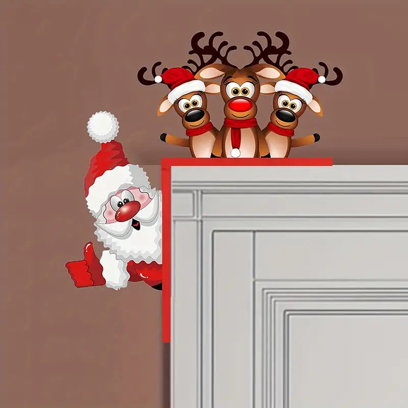 Christmas Door Corner Sign: Santa & Reindeer Wooden Frame Decoration