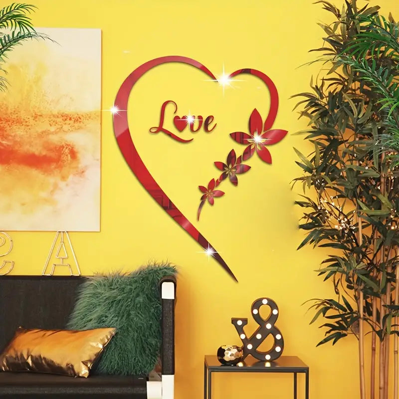 Romantic Love Heart Mirror Wall Sticker Set - Self-Adhesive Removable Acrylic(Red)