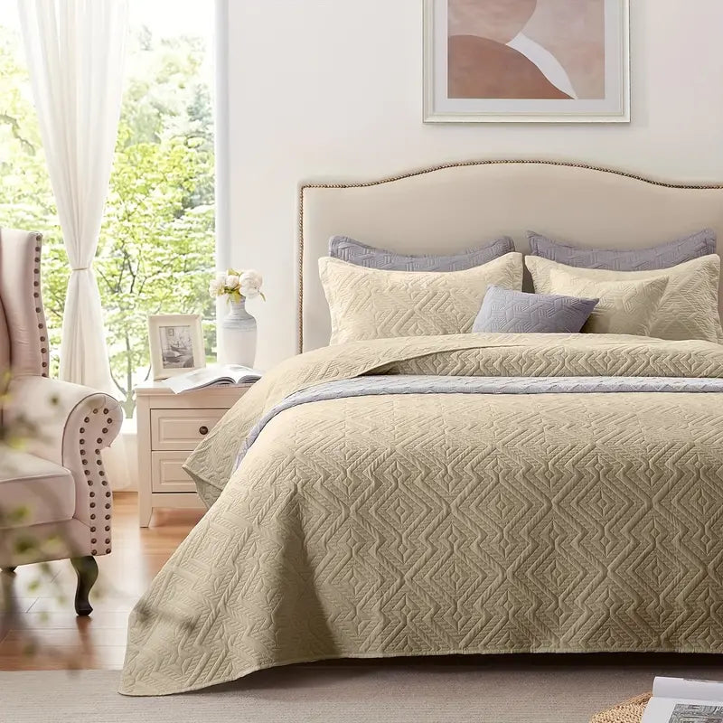 Beige Microfiber 3-Piece 150GSM Bedspread Set - Queen Size