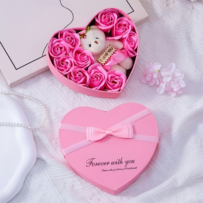 11Pcs Valentine'S Soap Flower Gift Set With Teddy Bear (Pink)