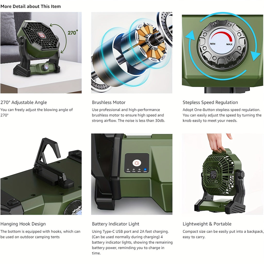 Rechargeable Camping Fan with LED & Hook