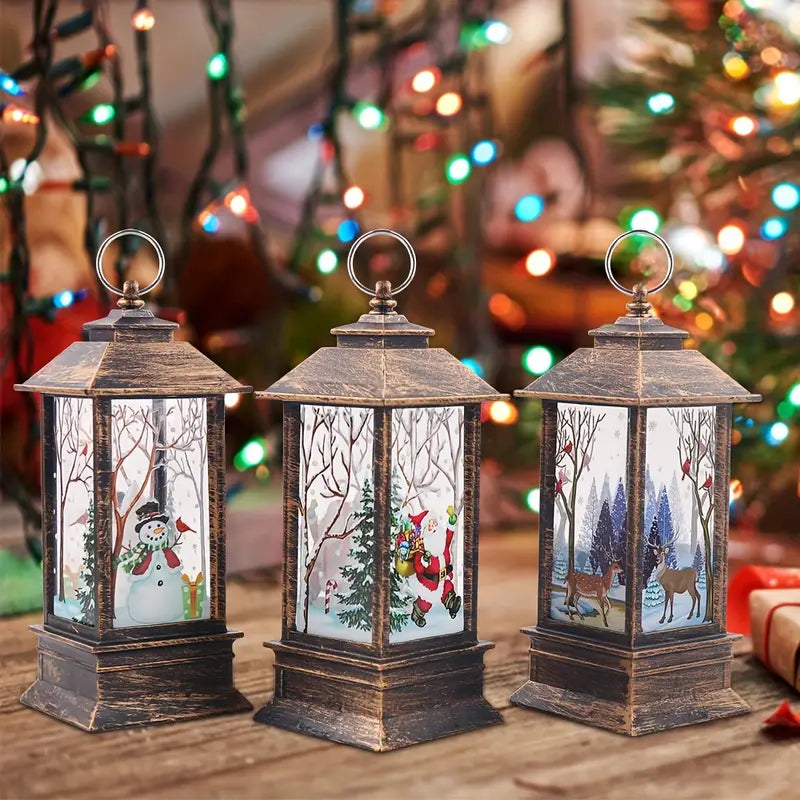 Set of 3 Christmas Lantern Lights - Santa Claus, Snowman, Reindeer Decorations