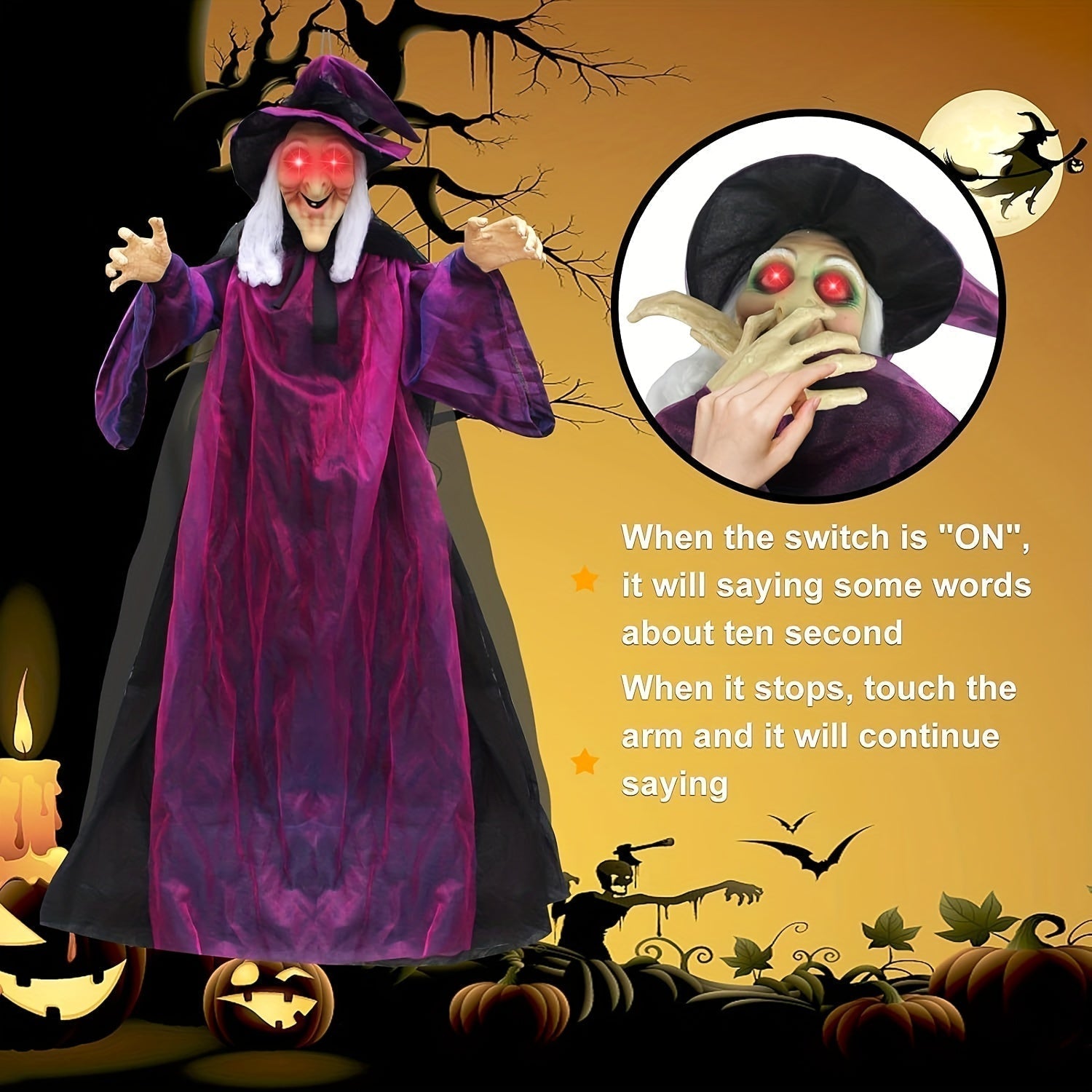 Animated Hanging Witch with Light-Up Eyes