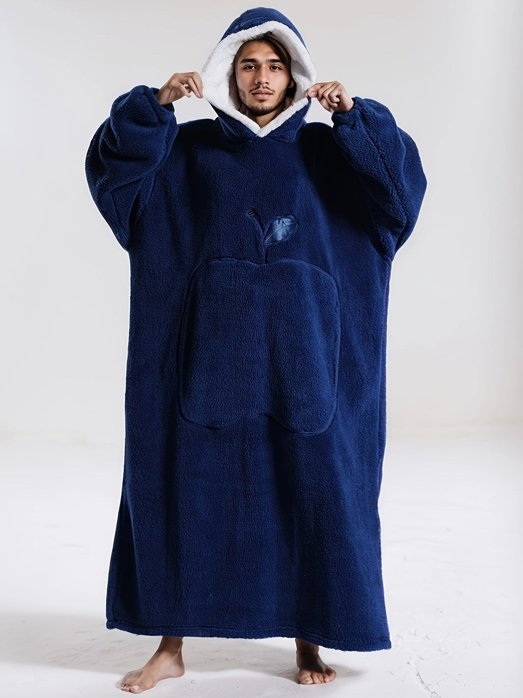 Winter Fleece Hooded Robe Navy Blue Blanket