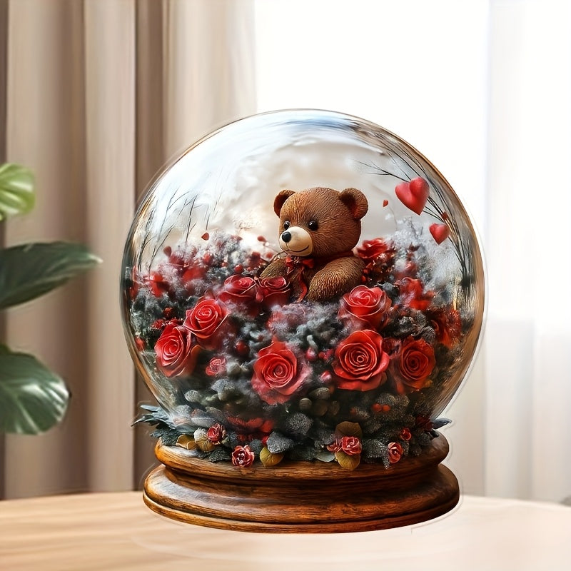 Acrylic Crystal Ball Ornament With Teddy Bear And Roses