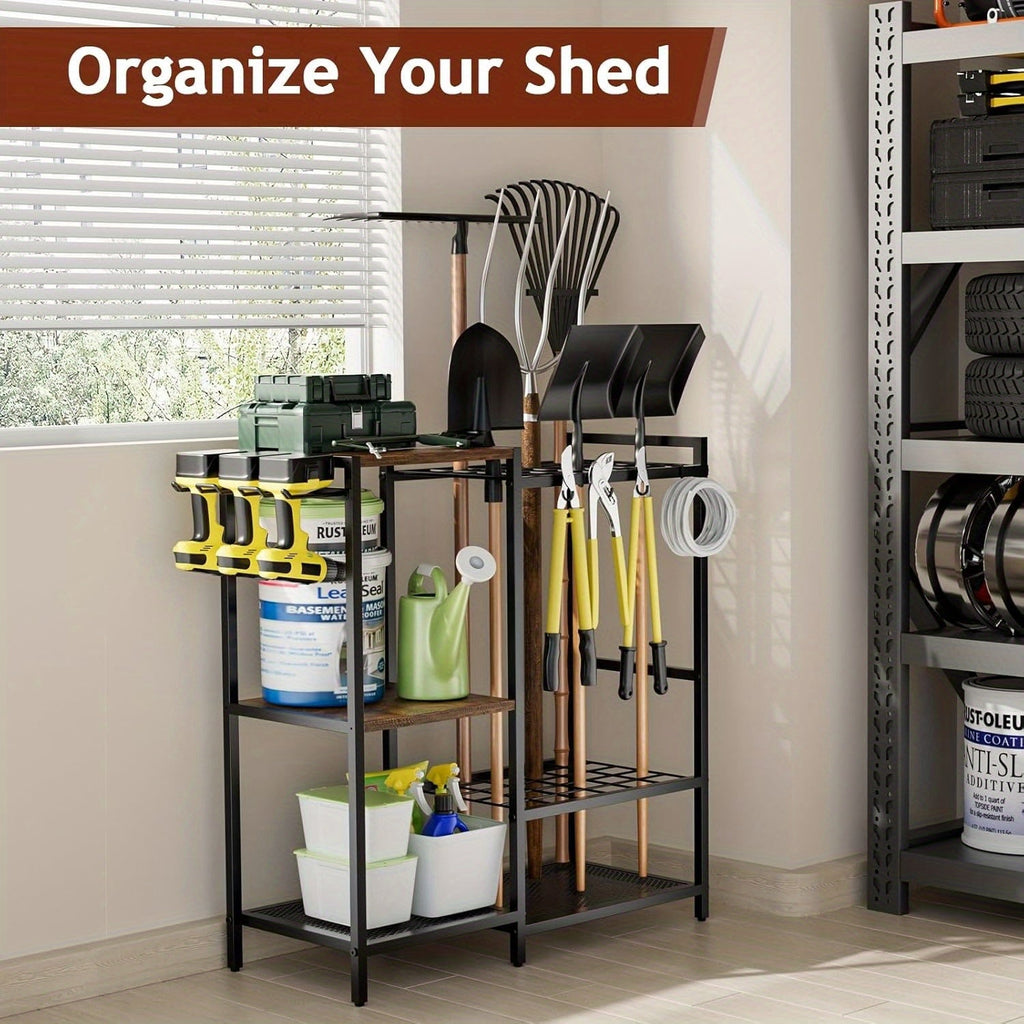 Garden Tool Rack with Wooden Shelves