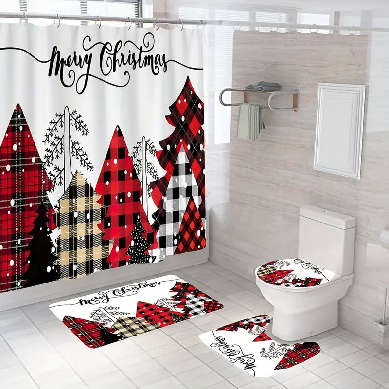 Jolly Tree-Themed Bathroom Ensemble: 4-Piece Festive Christmas Delight