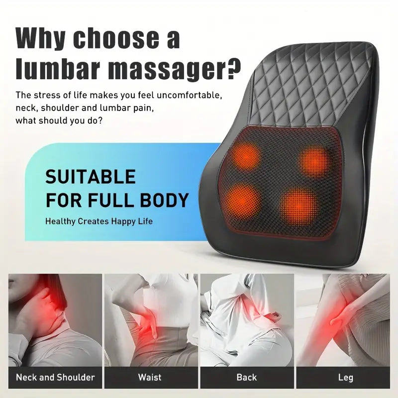 Cordless 3D Kneading Massage Pillow With Heat - Rechargeable Back Massager