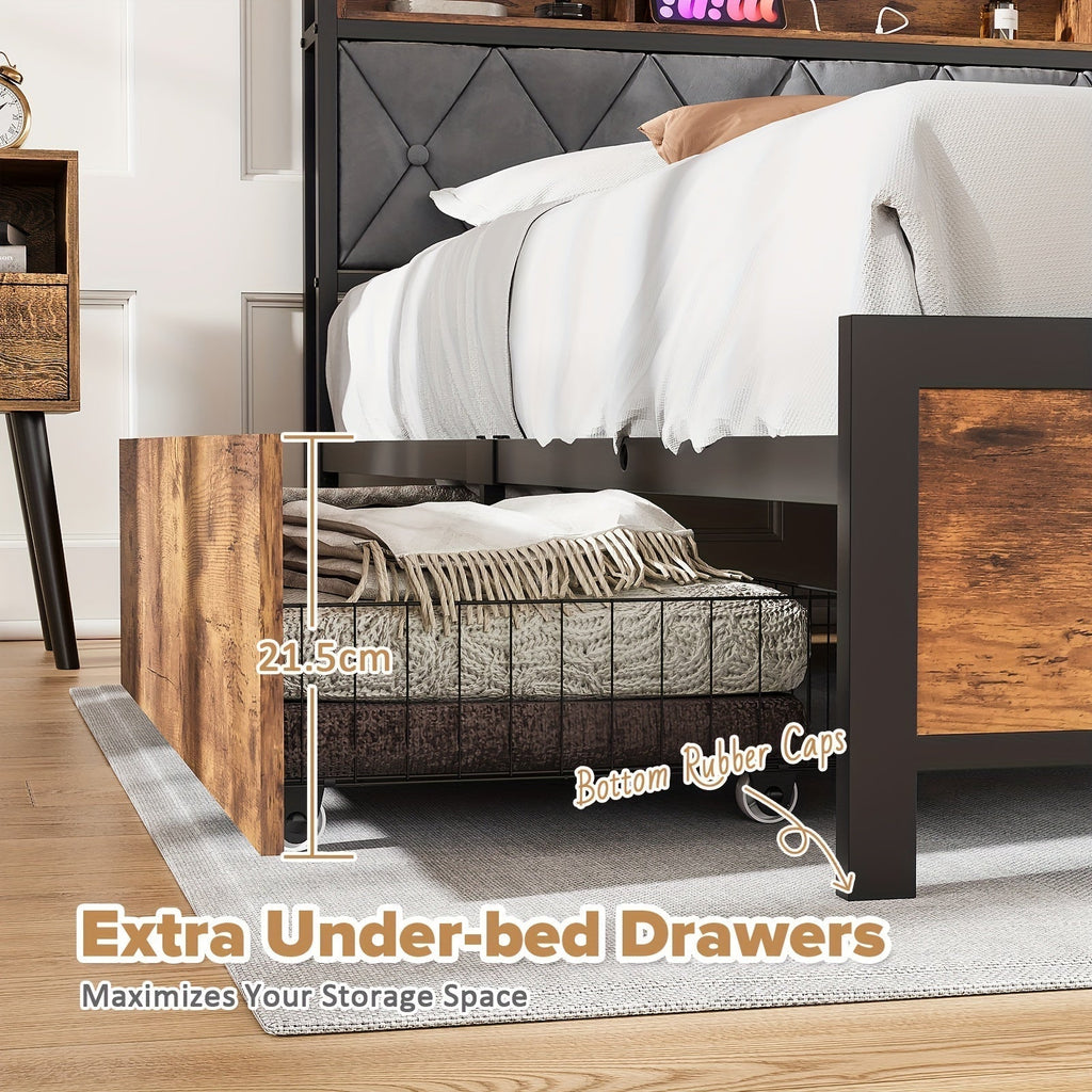 Queen Size Bed Frame With Drawers, Shelf, Headboard & Charging Station(Brown)