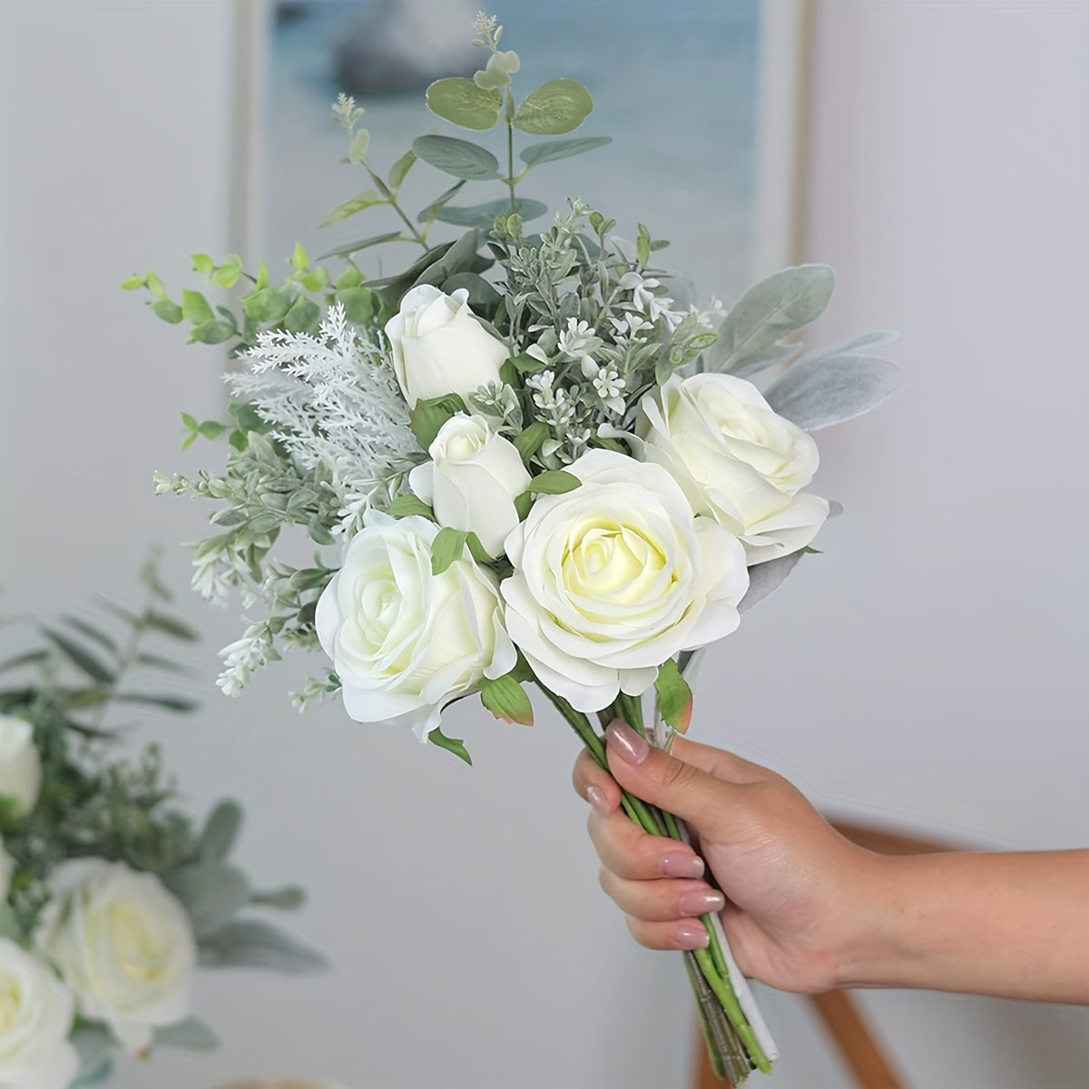 Artificial Fabric Roses & Eucalyptus Floral Arrangement