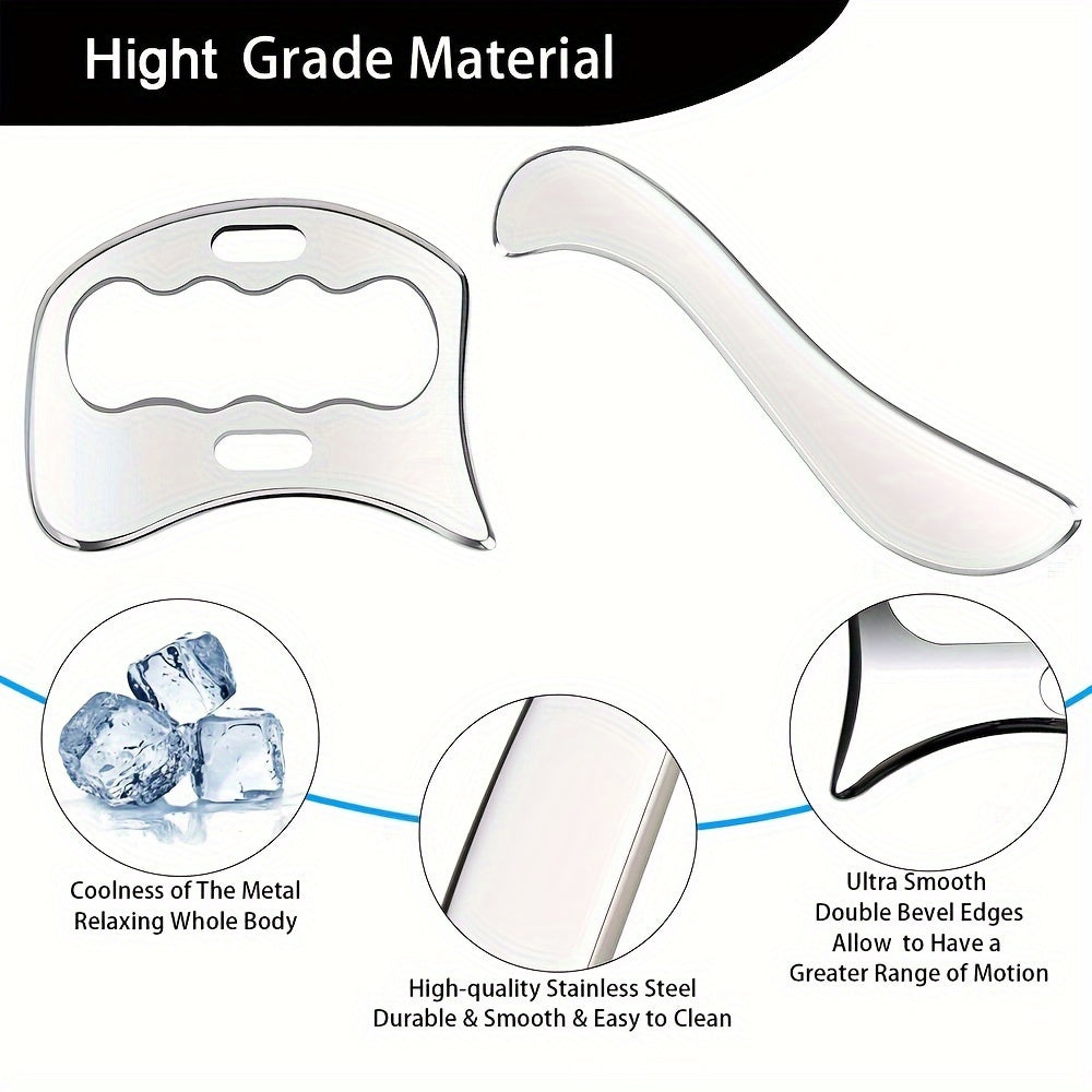 2Pcs Stainless Steel Gua Sha Massage Tool Set(Silver)