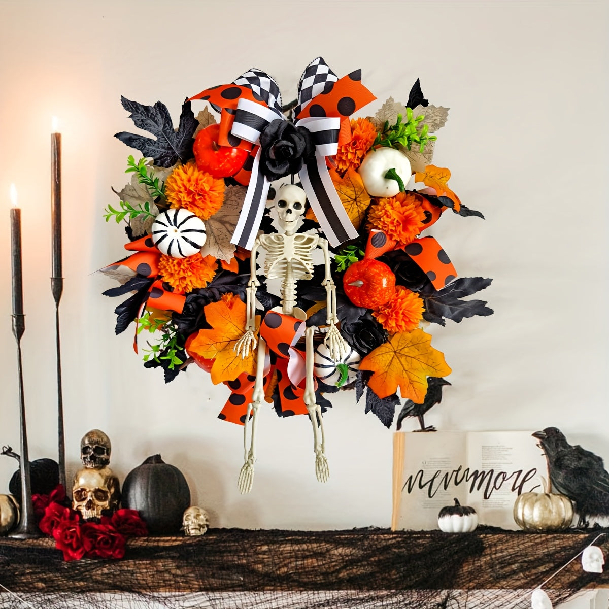 Gothic Horror Wreath Skeleton Pumpkin Halloween Decor