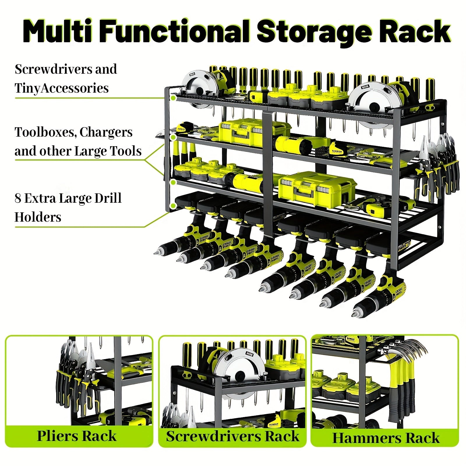 Wall Mounted 4-Tier Metal Tool Rack Organizer