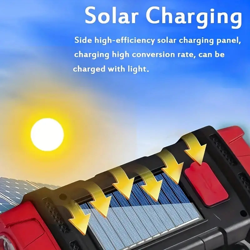 Red Tactical LED Solar Camping Light - Portable Rechargeable Flashlight