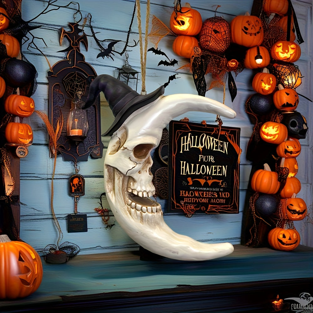 Skull Moon Hanging Halloween Decoration with Witch Hat