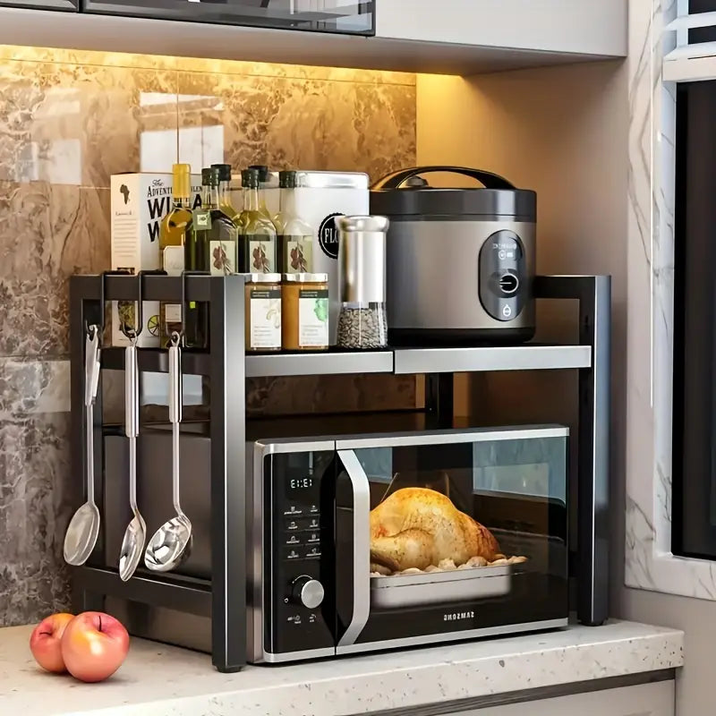 Retractable Microwave Oven Storage Rack - Single Layer, Countertop Bracket Shelf (Black)