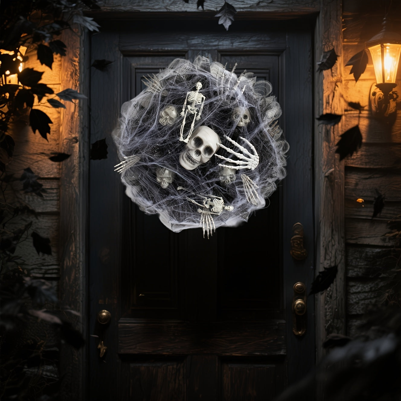 Halloween Skull Wreath Black Mesh Door Hanging