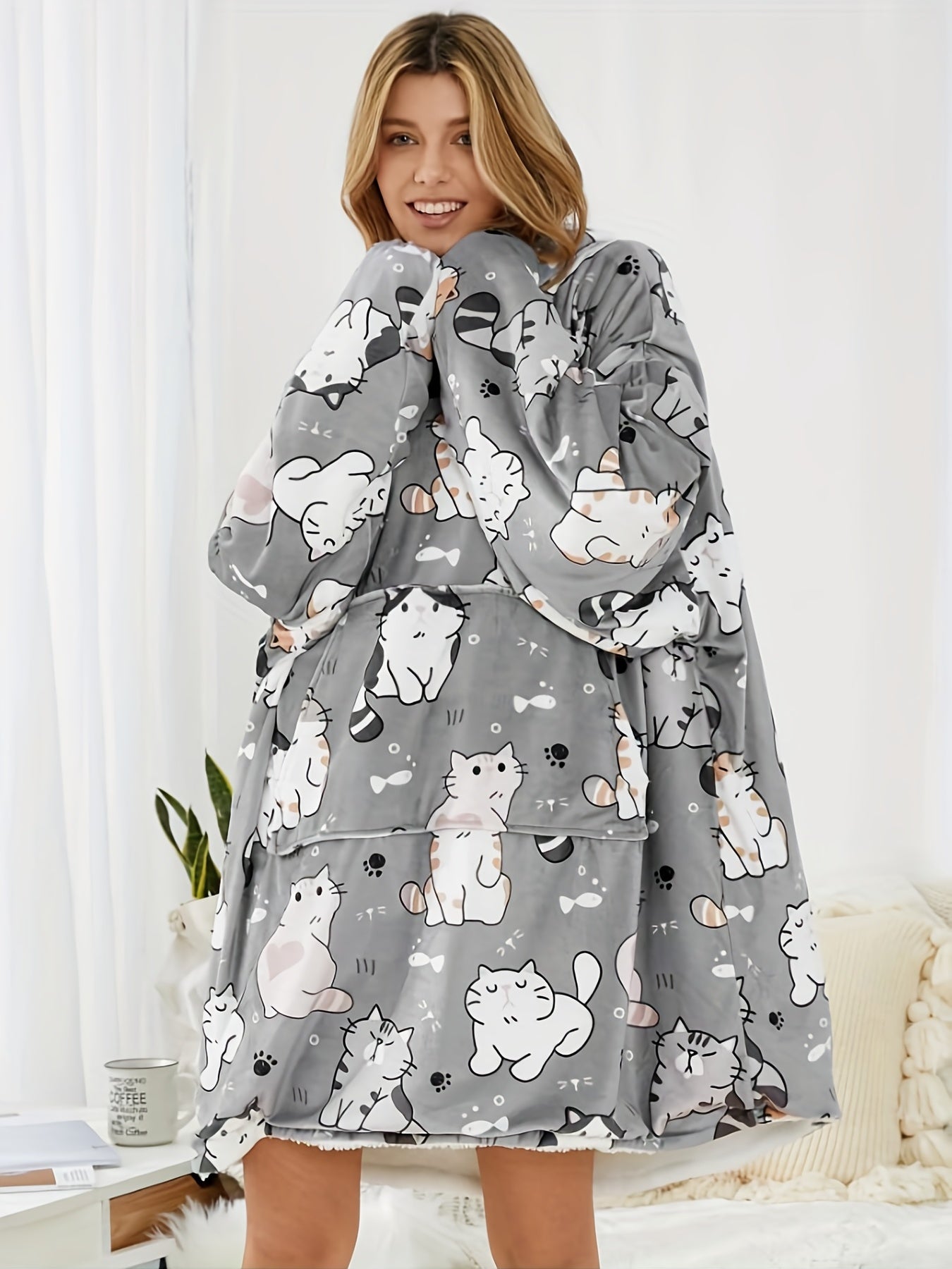 Comic Cat Fleece Wearable Blanket Robe