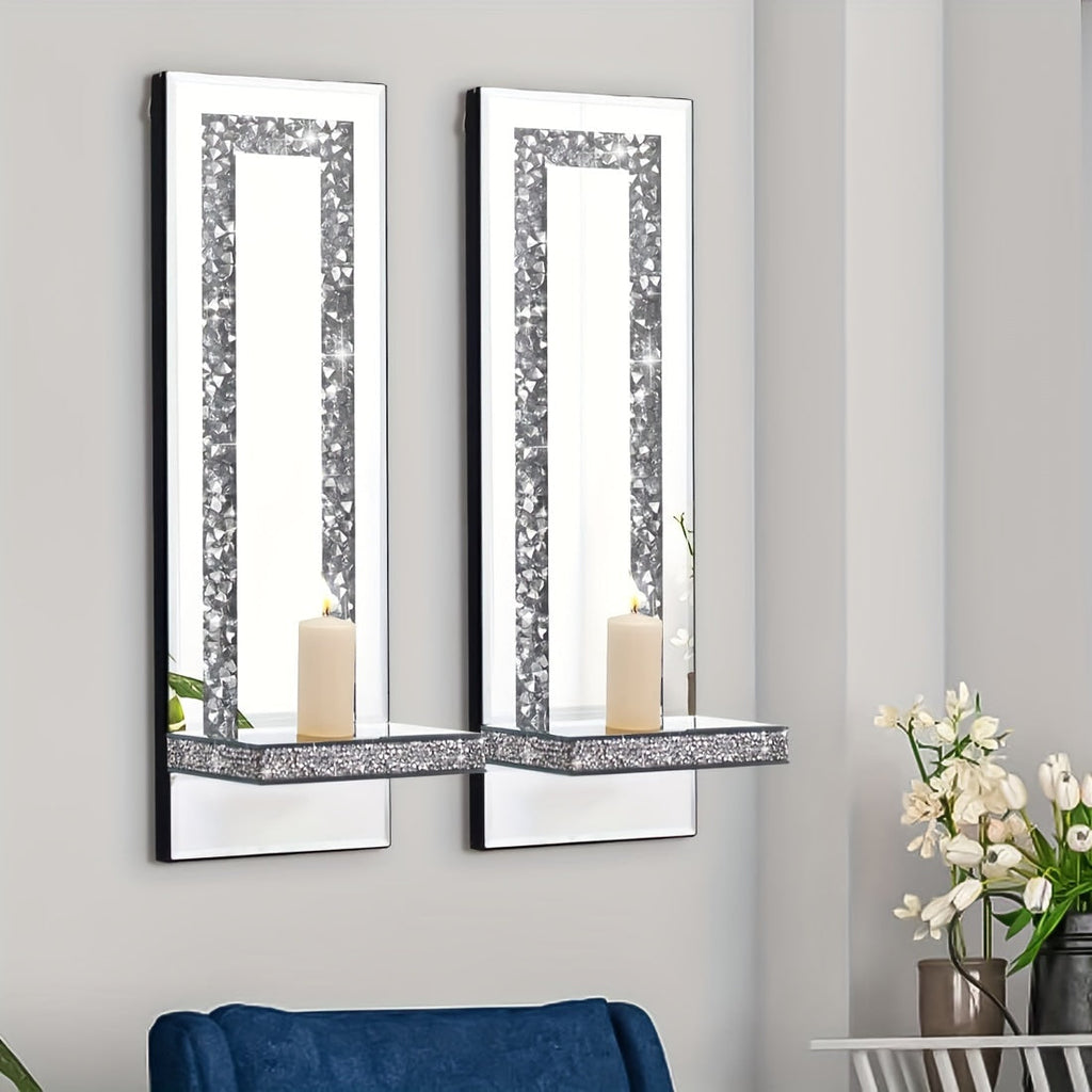 Wall Mirror Candle Holder Set with Silver Diamonds
