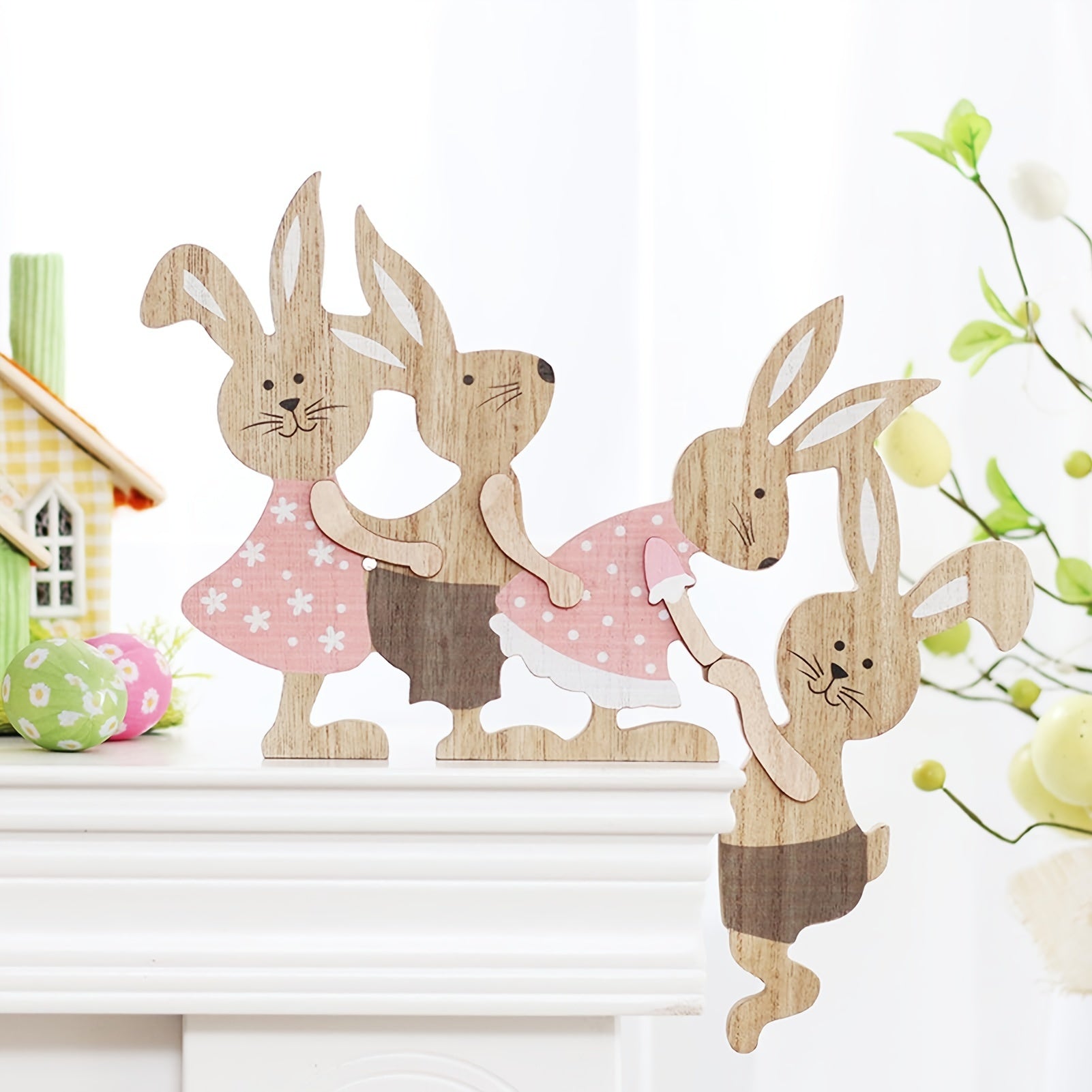 Rustic Wooden Easter Bunny Family Ornament 3D Decoration