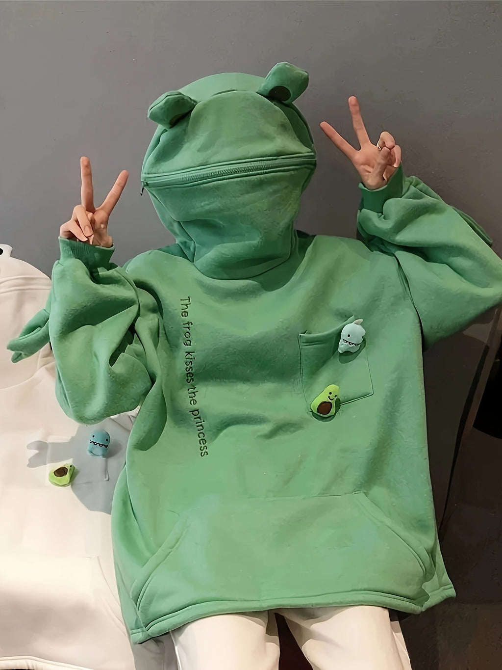 Cartoon Frog Fleece Zip-Up Hoodie